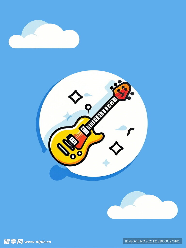 蓝色背景上的吉他与音符