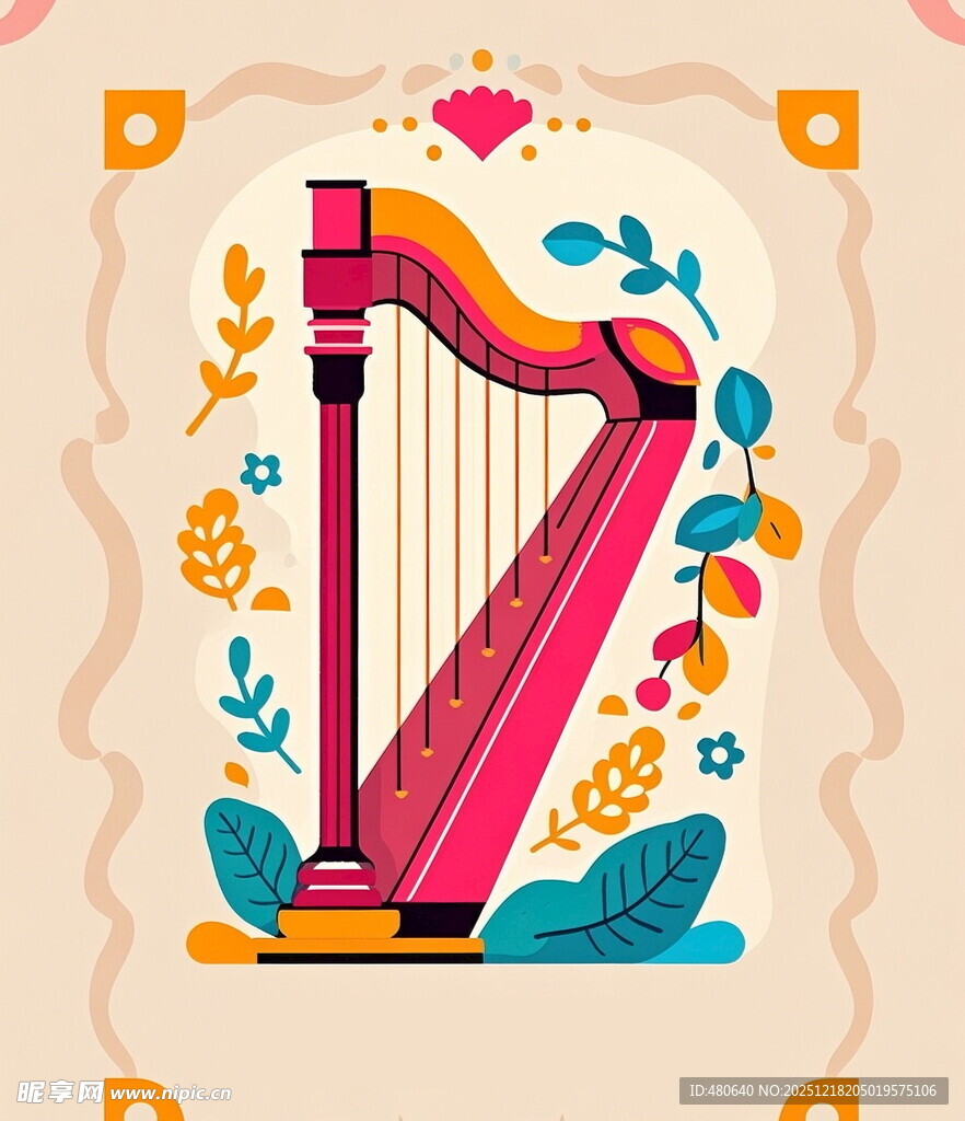 彩色竖琴插画花卉环绕