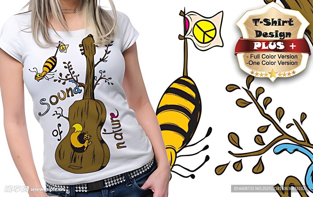 女士穿个性吉他图案T恤