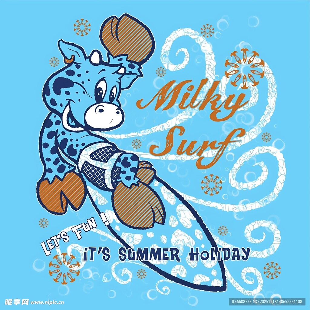 卡通奶牛海上冲浪插画