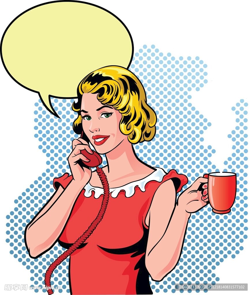 复古女郎打电话并手持咖啡