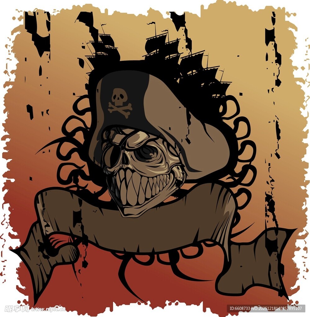 骷髅海盗主题复古插画