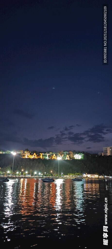 泰国曼谷芭夜晚河畔城市灯光倒影