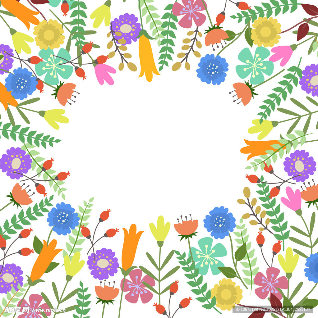 多彩花卉环绕的空白图案