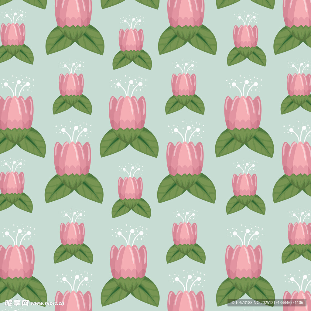 粉色花卉绿叶无缝图案