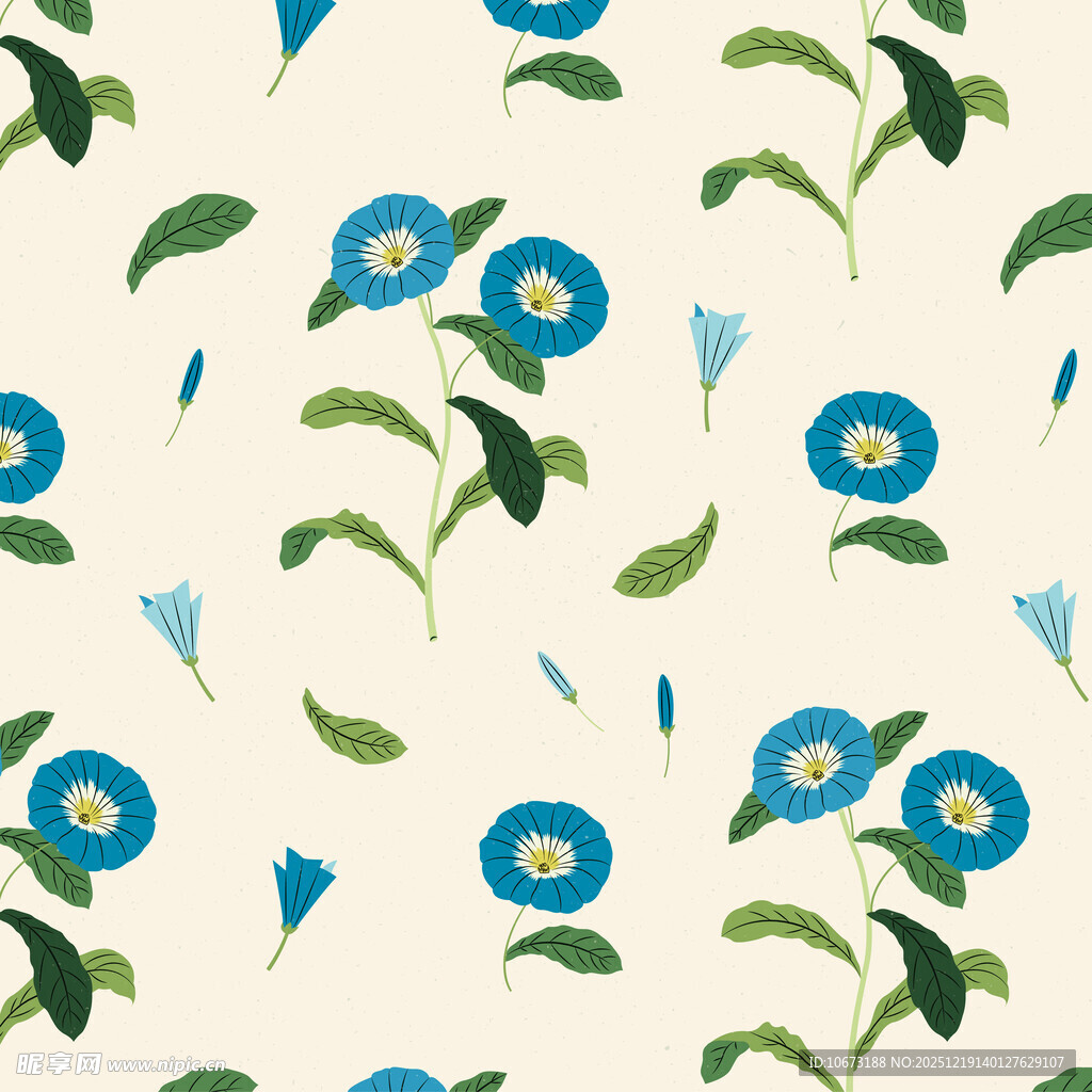 蓝花绿叶简约花卉图案