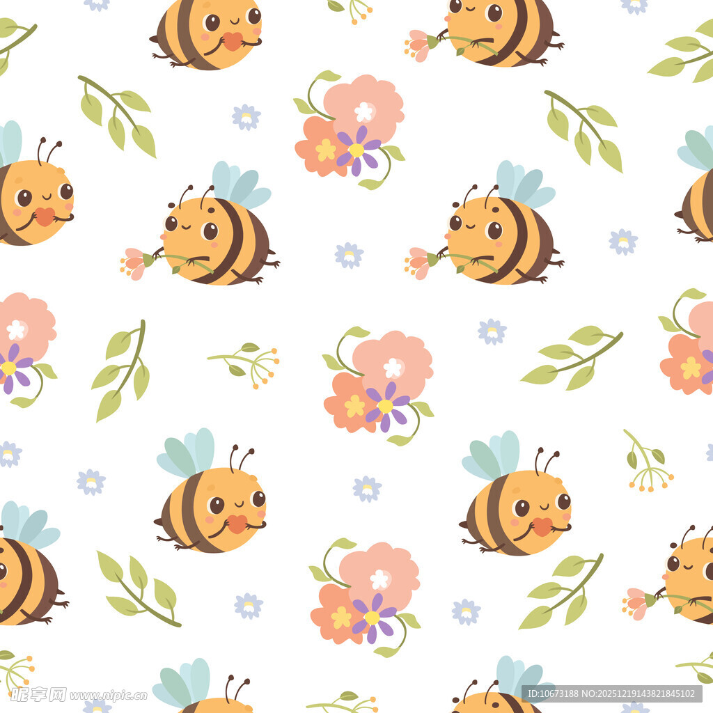 可爱蜜蜂花卉无缝图案