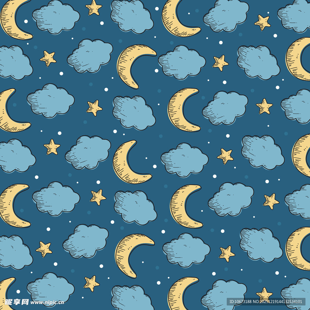 梦幻夜空月亮星星云朵图案