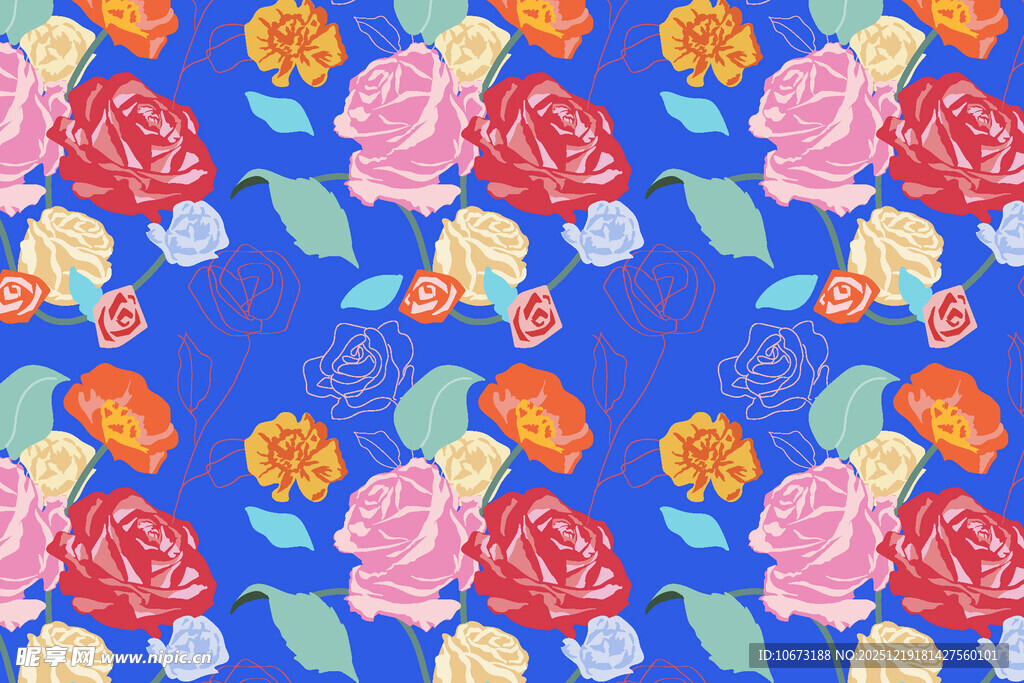 蓝色底多彩花卉图案