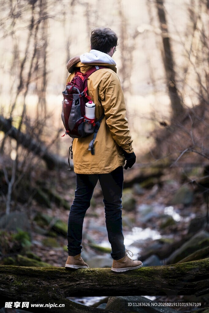 徒步者穿行于林间溪流