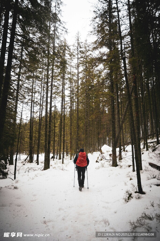 雪地中独行的徒步者