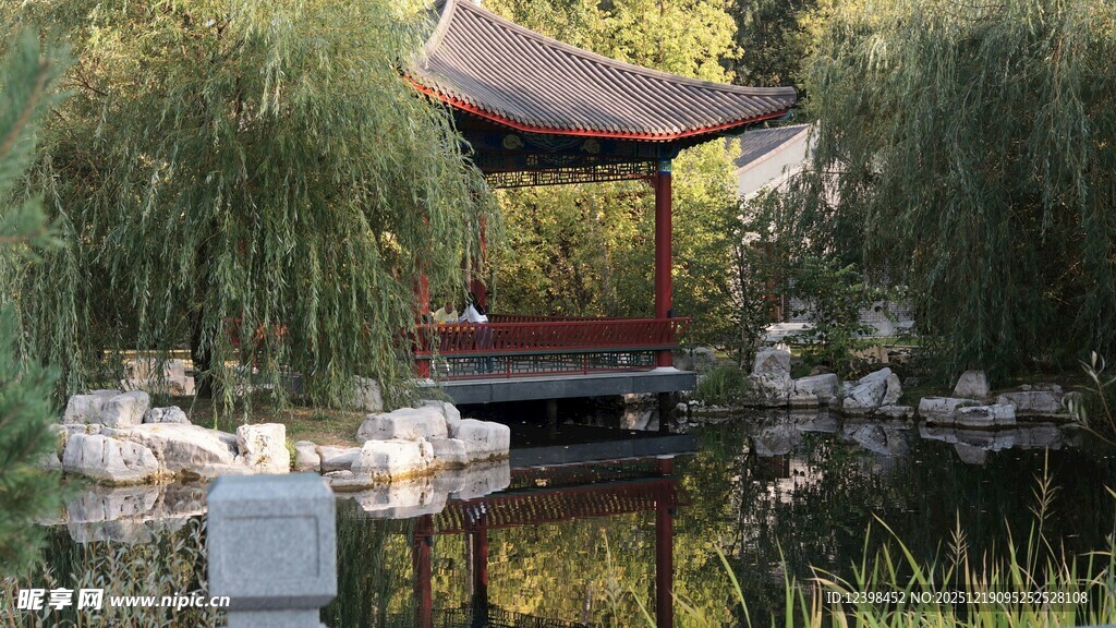 中式静谧水景园林一角