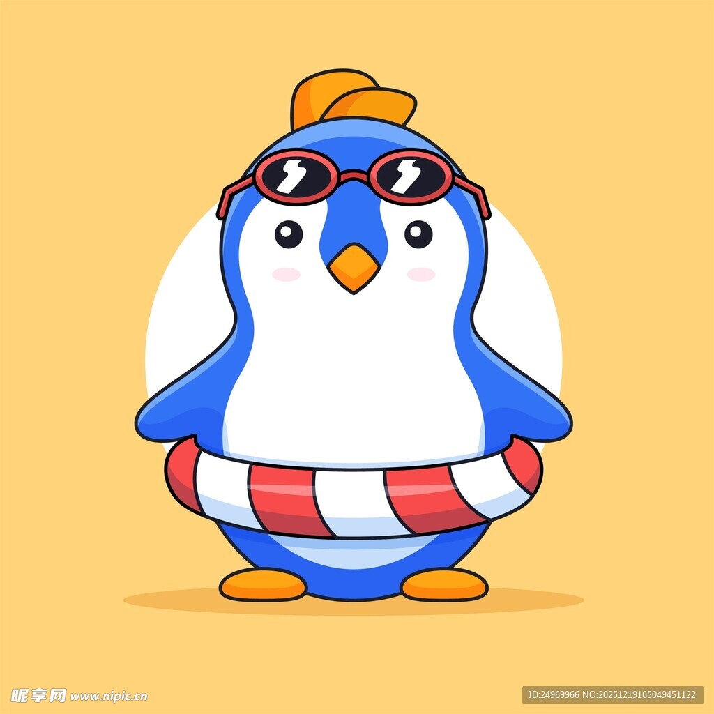 戴泳镜的企鹅与游泳圈