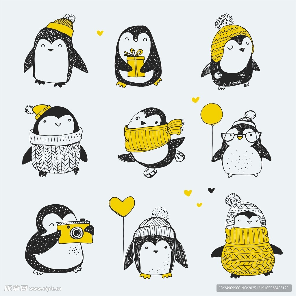 可爱企鹅冬季装扮插画