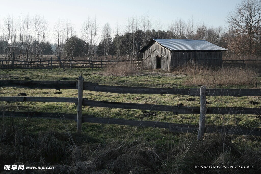 乡村田野中的老旧木屋