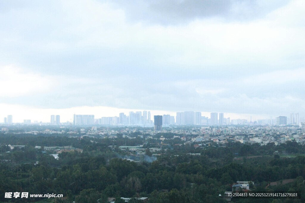 城市远景与茂密森林景观