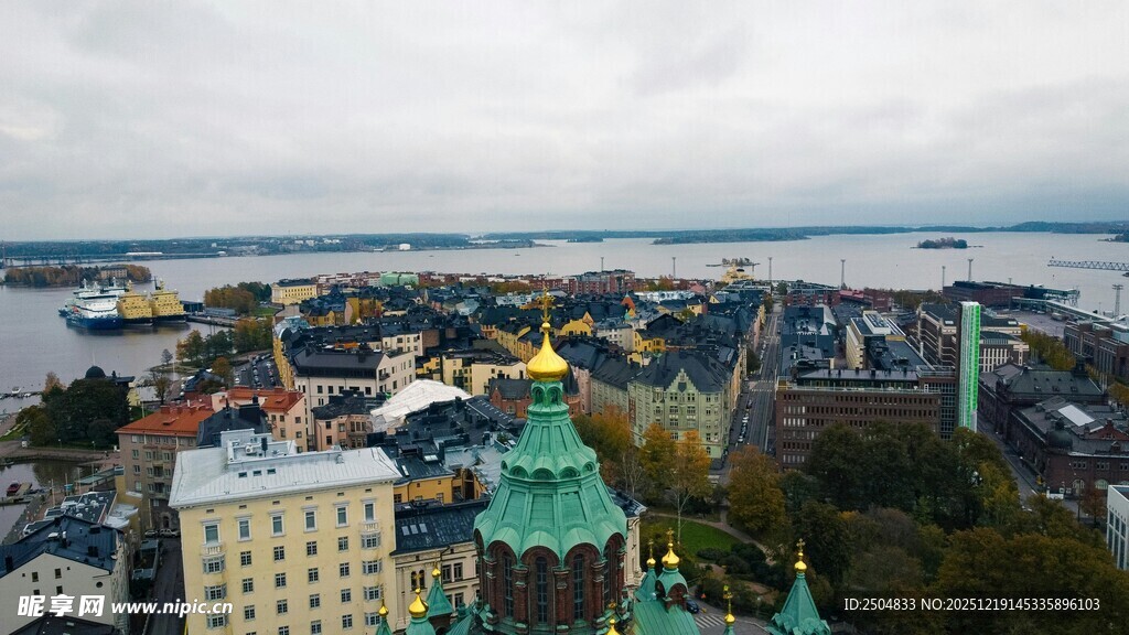 城市全景俯瞰 建筑与湖景
