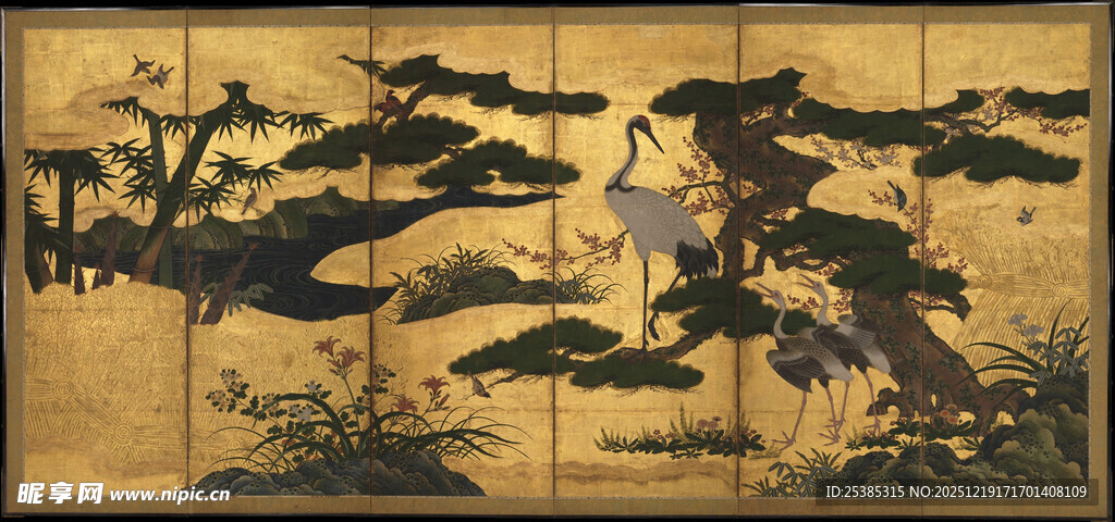 中式古典仙鹤山水屏风画