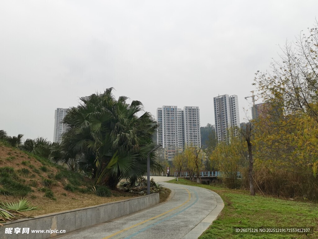 城郊蜿蜒小路与林立高楼