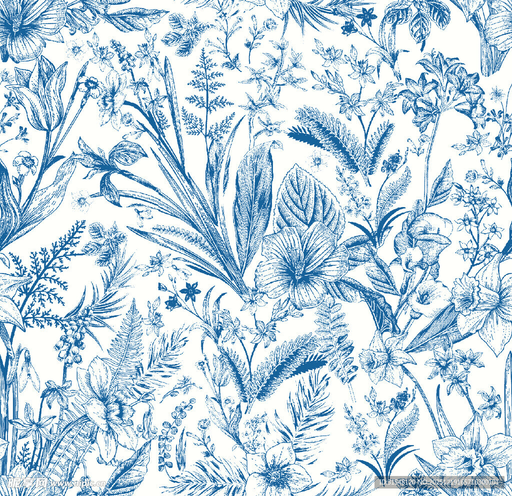 蓝白花卉植物图案纹理