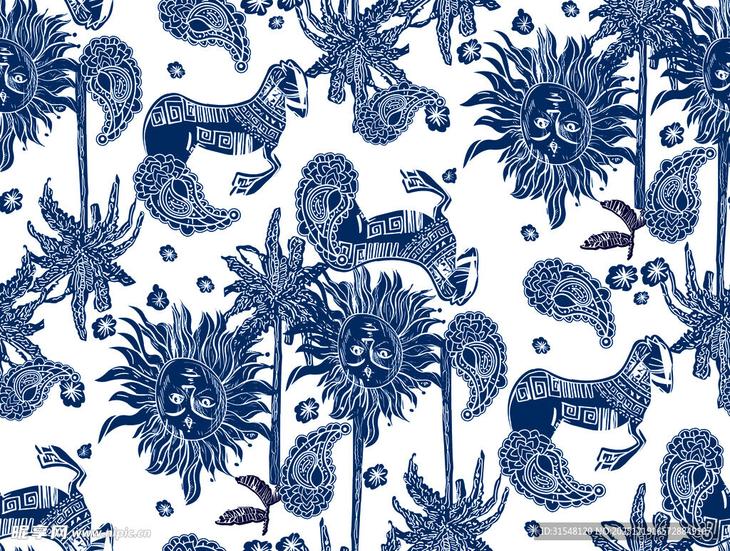 蓝白花卉松鼠图案纹理