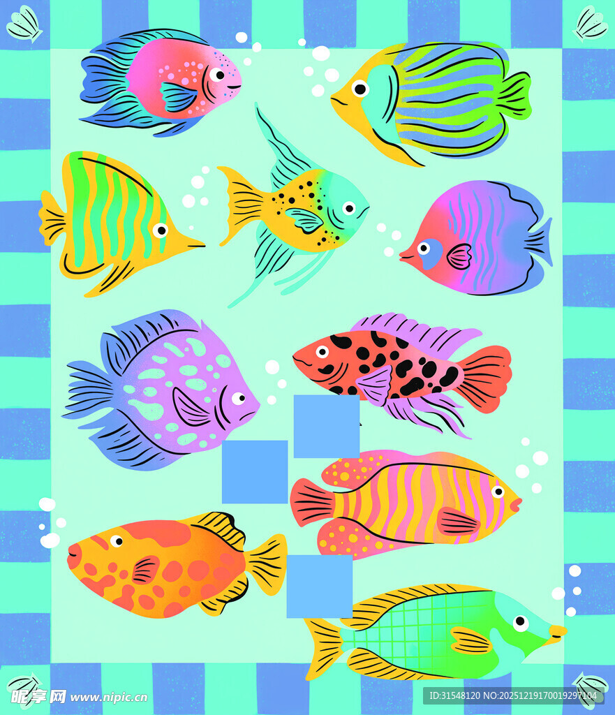 多彩热带鱼畅游方格背景