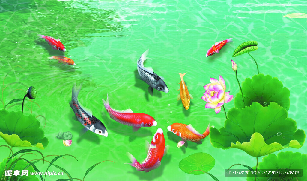 池塘锦鲤嬉戏图