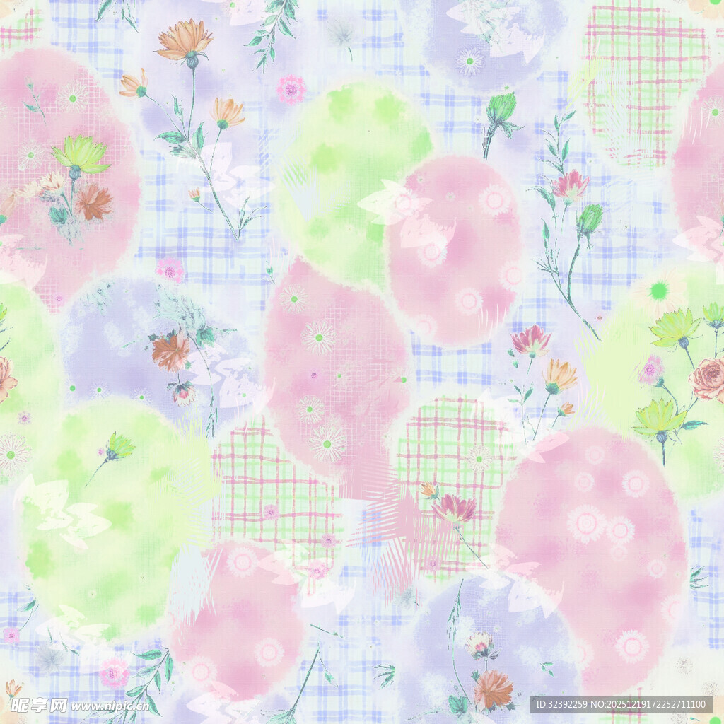 清新花卉格子图案布料