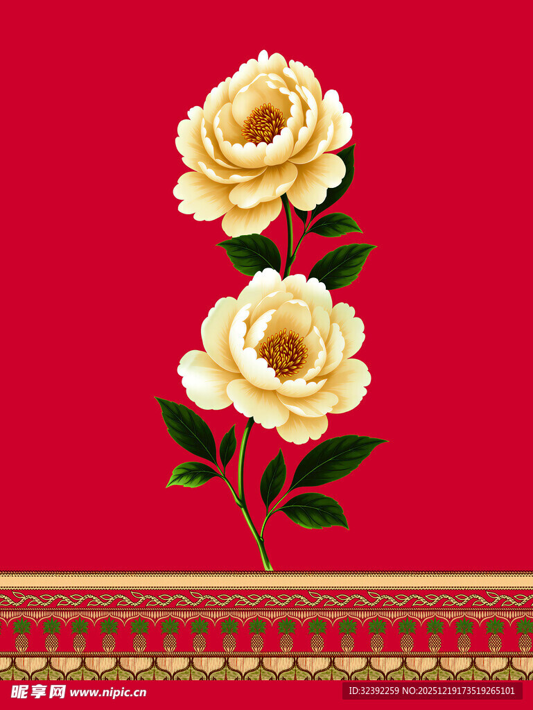 红底双朵黄玫瑰图案