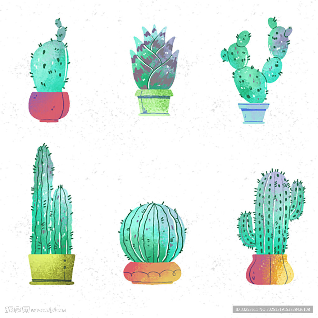 水彩风格多样仙人掌盆栽