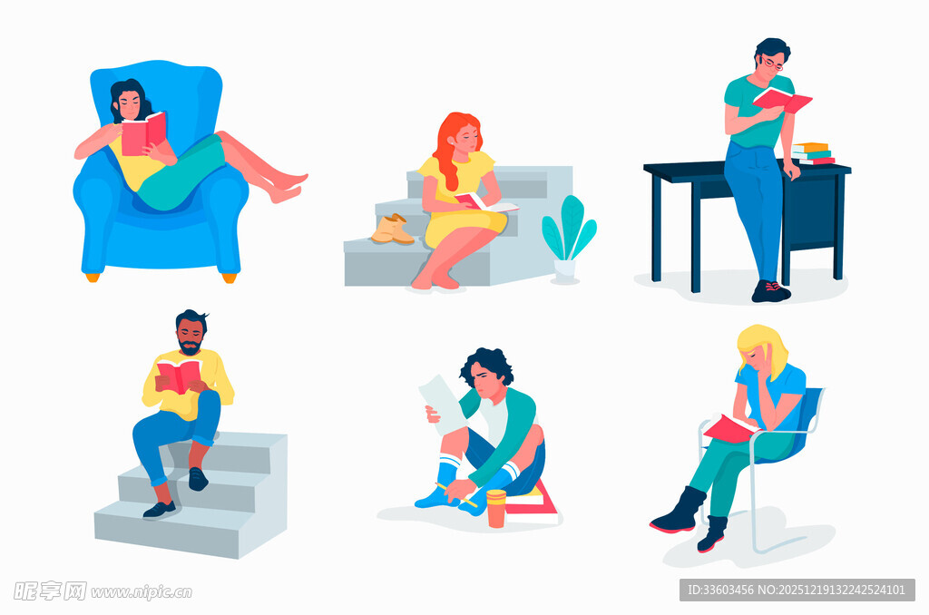 多样坐姿的休闲人物场景