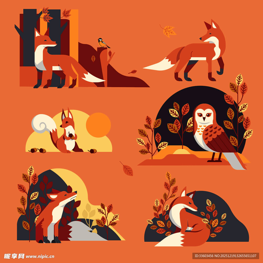 秋日森林中的动物插画