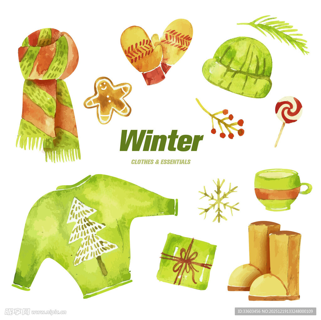 冬季服饰与物品水彩插画