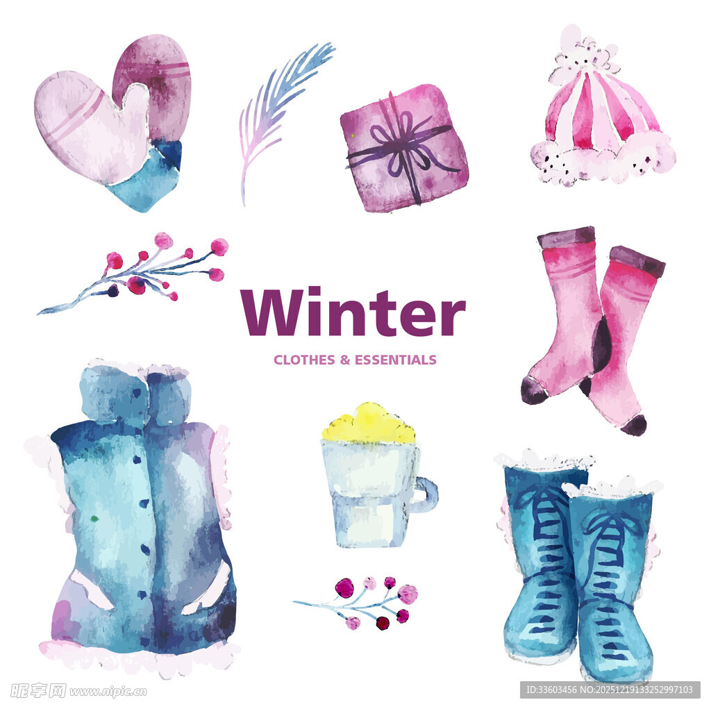 冬季水彩风可爱物品集合