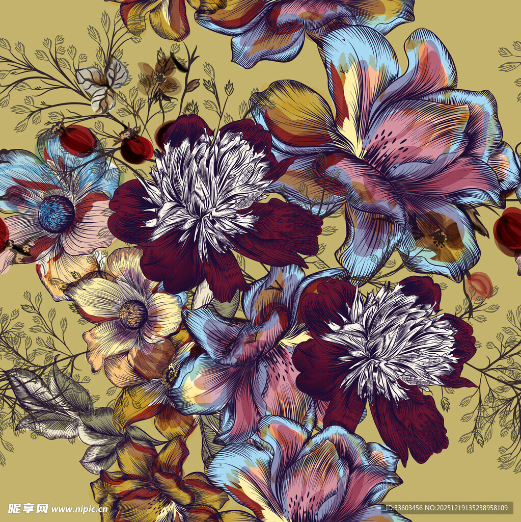 绚丽多彩花卉图案插画