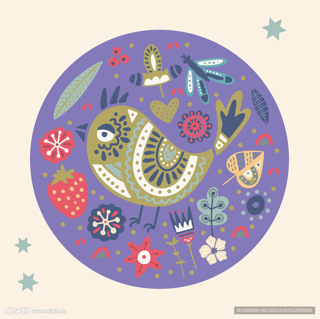圆形图案中的多彩花鸟元素
