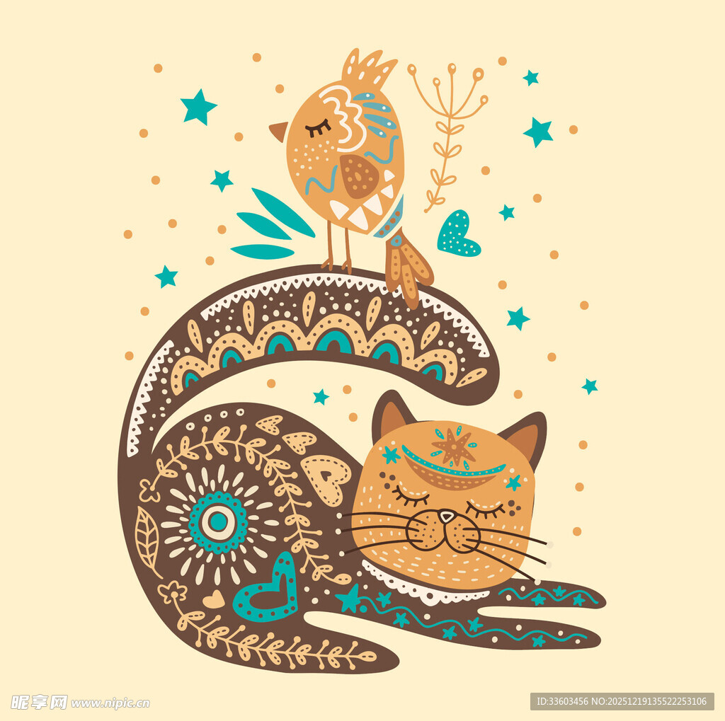 花纹猫咪与小鸟装饰插画
