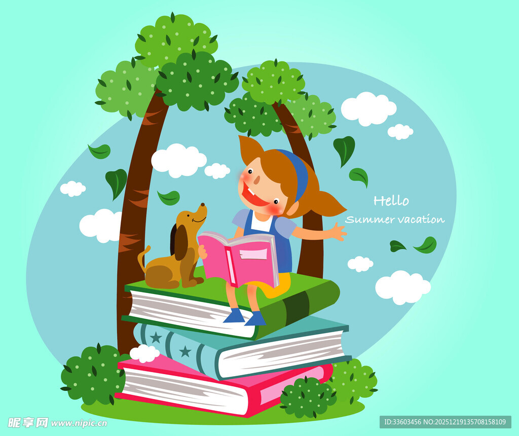 女孩在书堆上惬意阅读