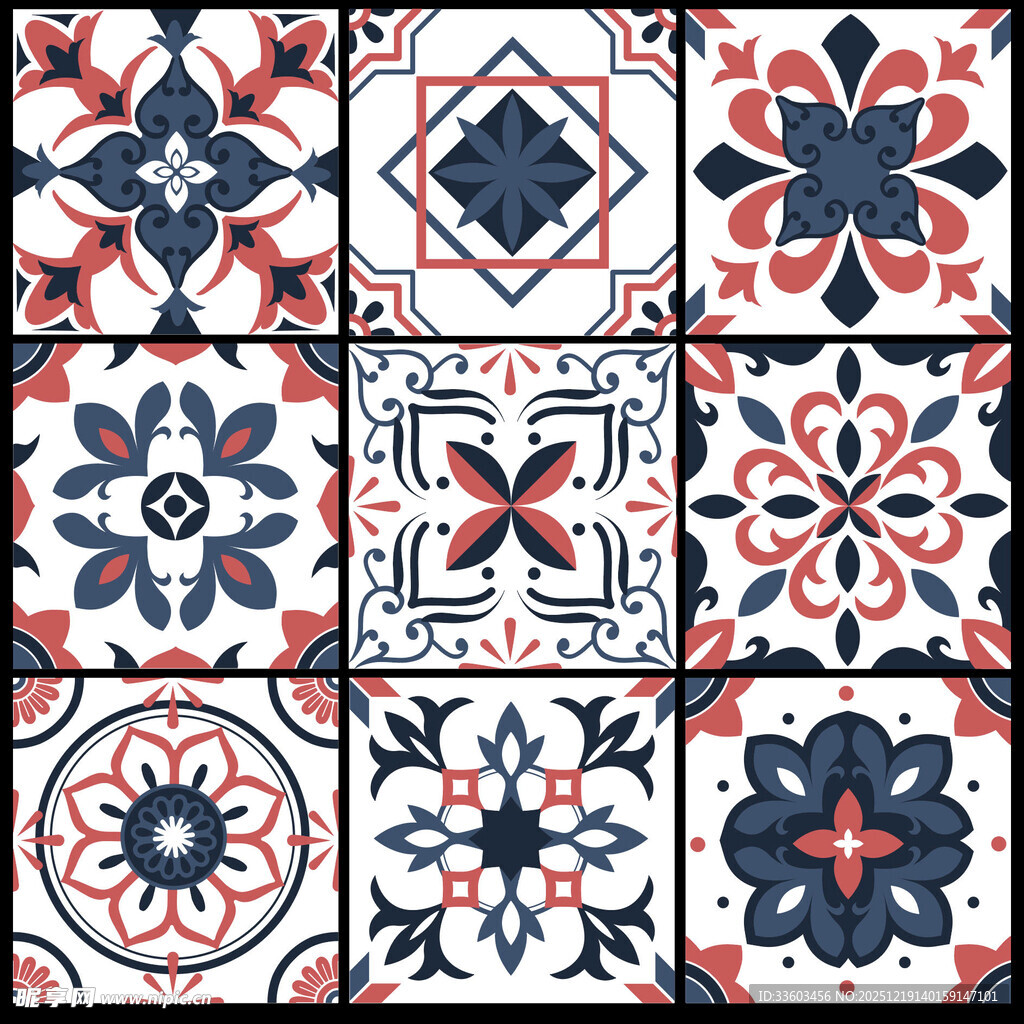 复古风彩色几何花纹瓷砖图案