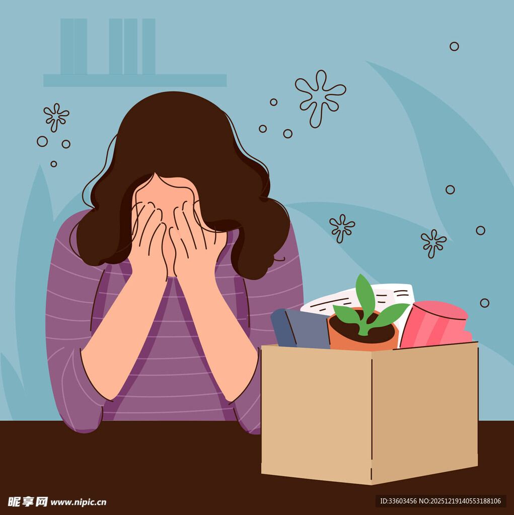 失业女性掩面于杂乱纸箱旁