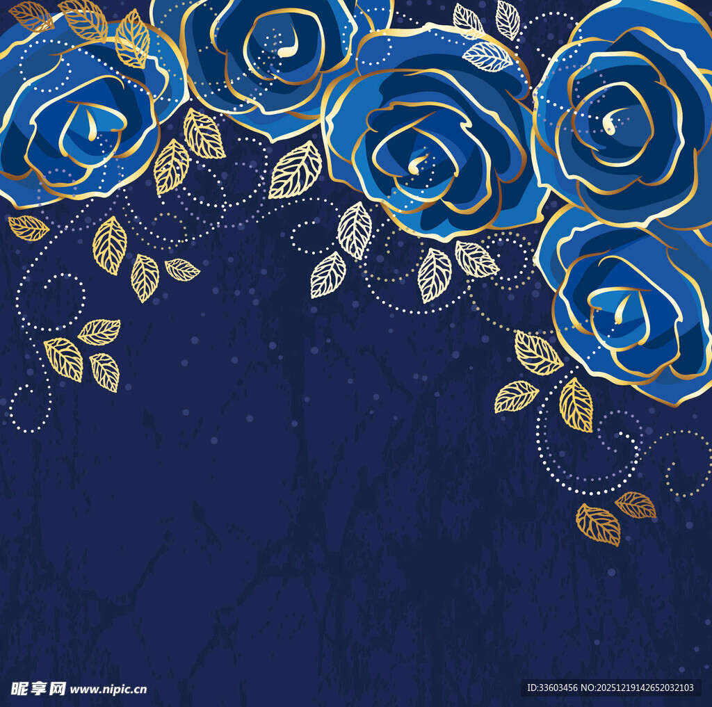 深蓝背景上的蓝金玫瑰花饰