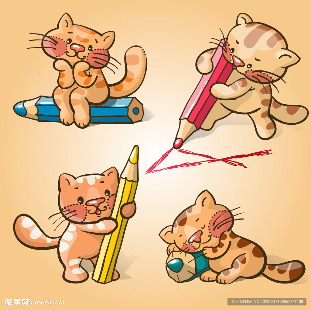 可爱猫咪与彩色铅笔趣图