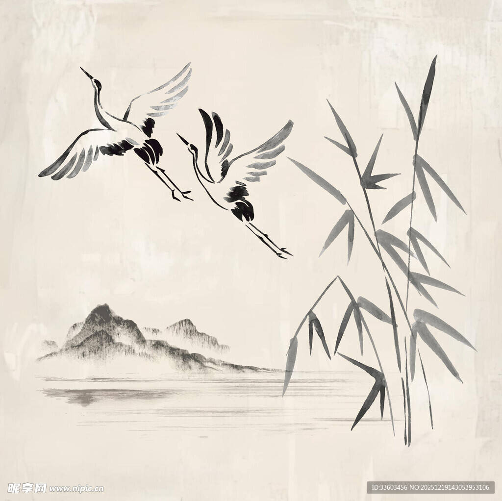 水墨仙鹤伴竹山水图景