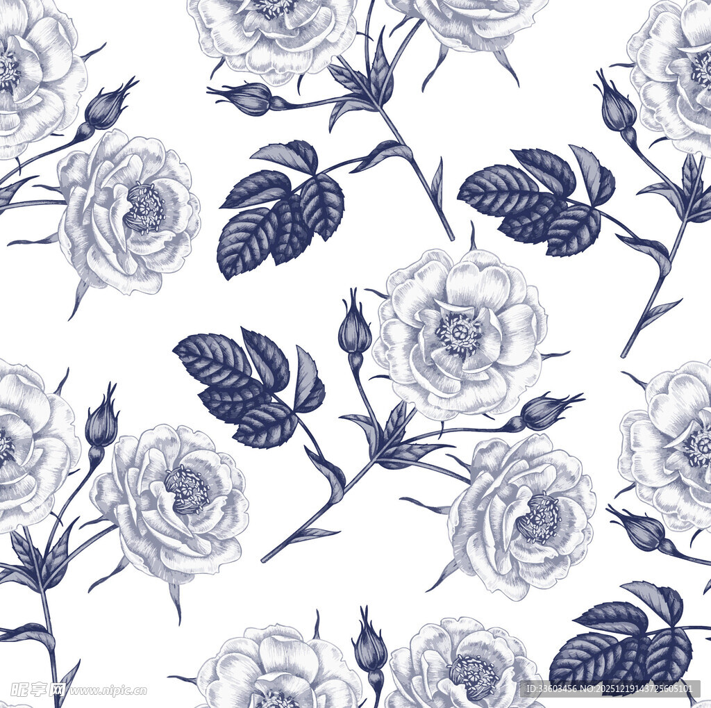 蓝白玫瑰花纹图案