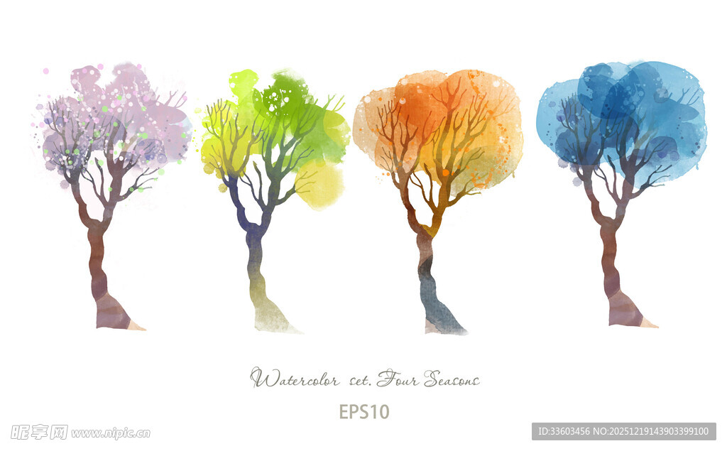 多彩树木水彩插画