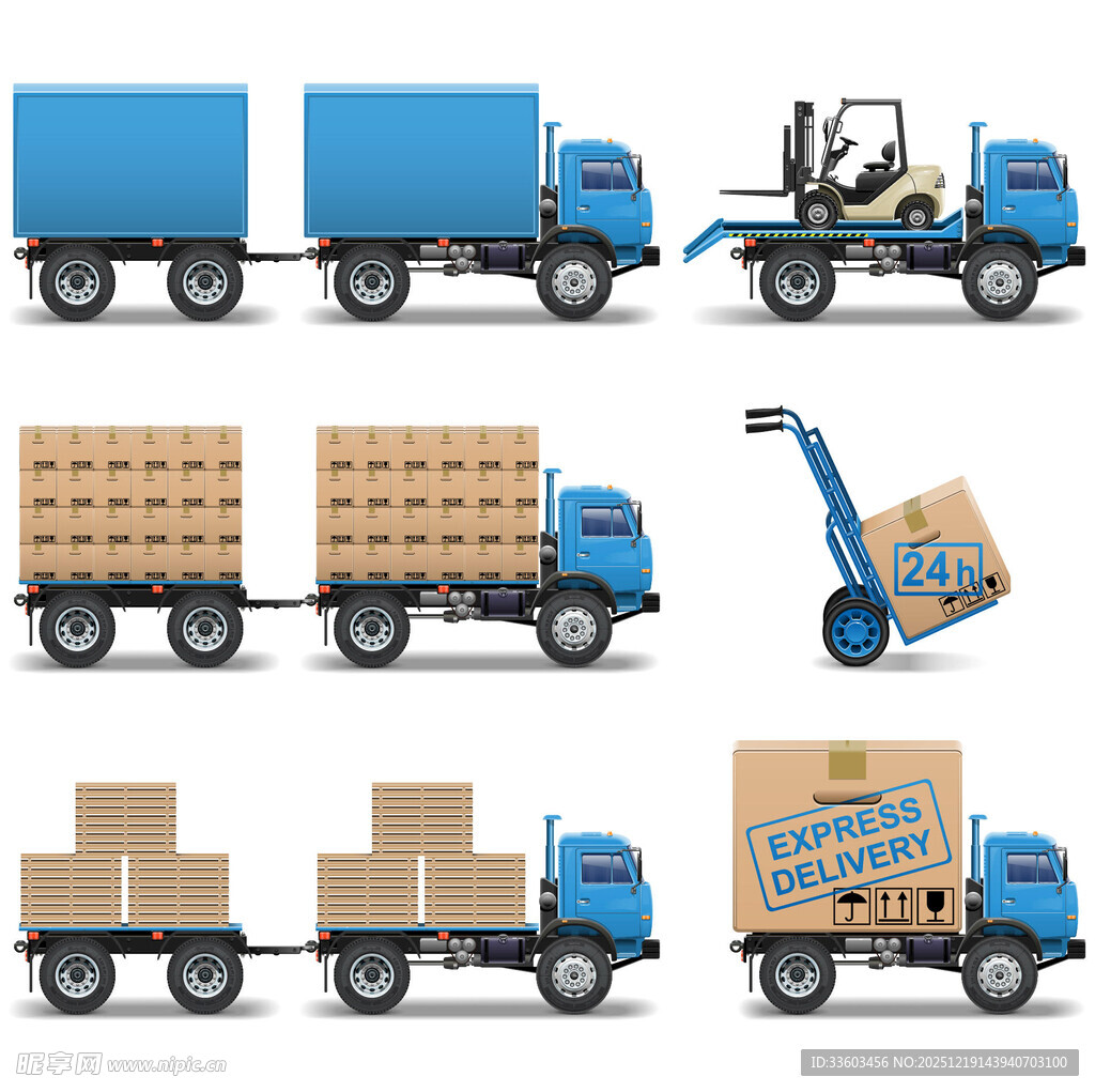 蓝色货运车辆与搬运工具
