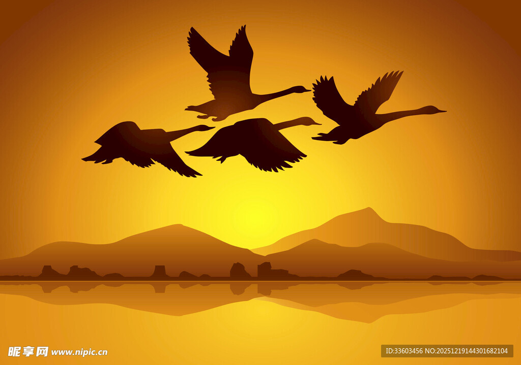 夕阳下群雁飞过湖面