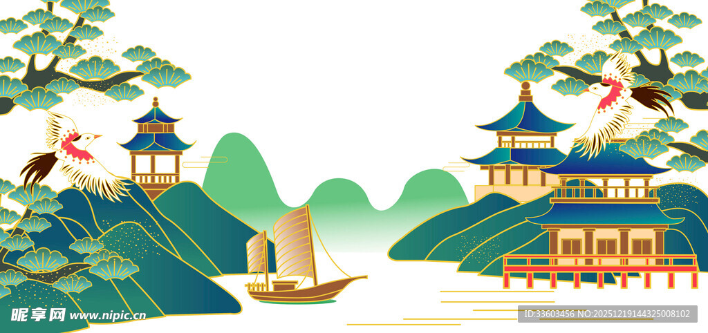 中式山水古建筑风景图