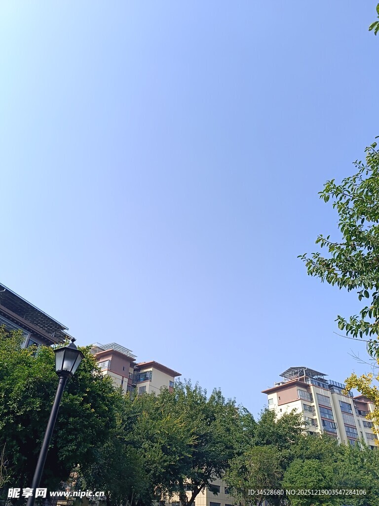 小区楼房与绿树蓝天