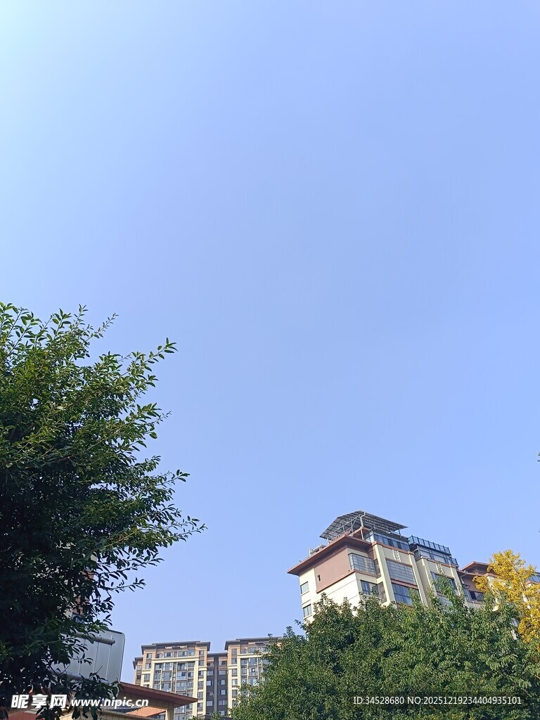 蓝天绿树旁的特色建筑